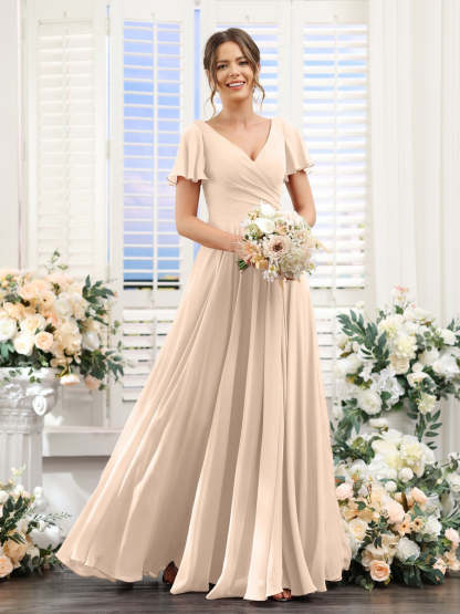V-Neck A-Line Bridesmaid Dresses with Short Sleeves, Side Split & Ruched Princess Design