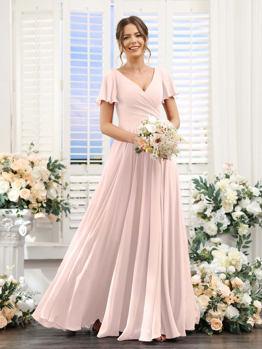 V-Neck A-Line Bridesmaid Dresses with Short Sleeves, Side Split & Ruched Princess Design