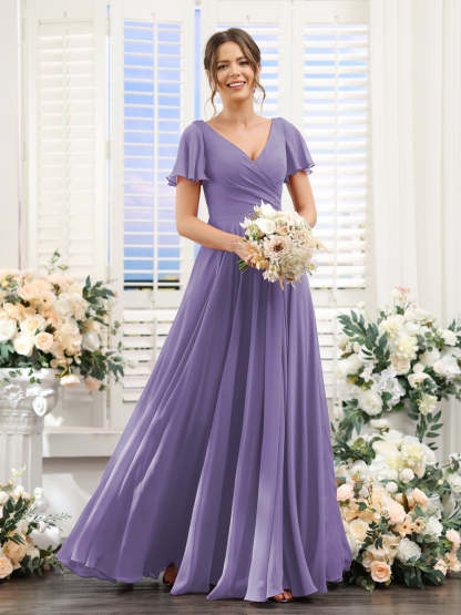 V-Neck A-Line Bridesmaid Dresses with Short Sleeves, Side Split & Ruched Princess Design