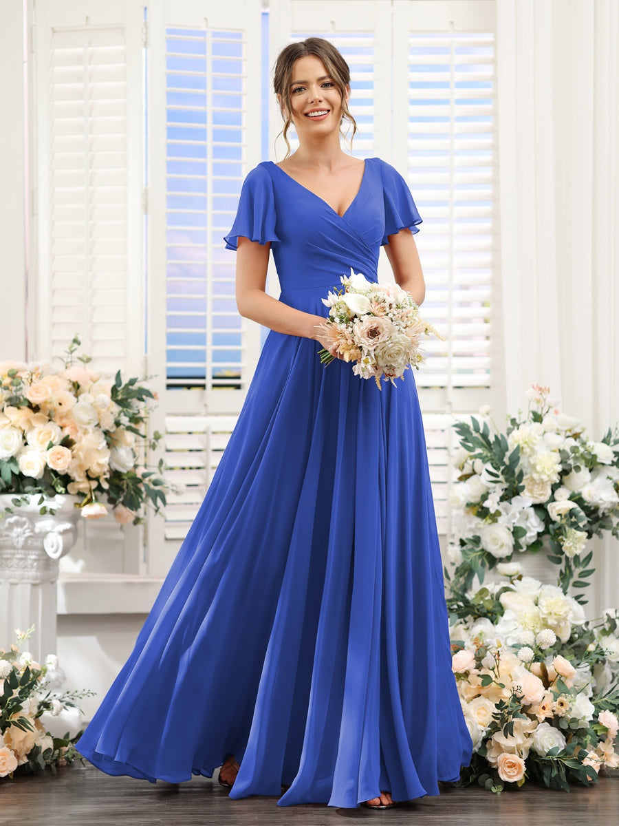 V-Neck A-Line Bridesmaid Dresses with Short Sleeves, Side Split & Ruched Princess Design