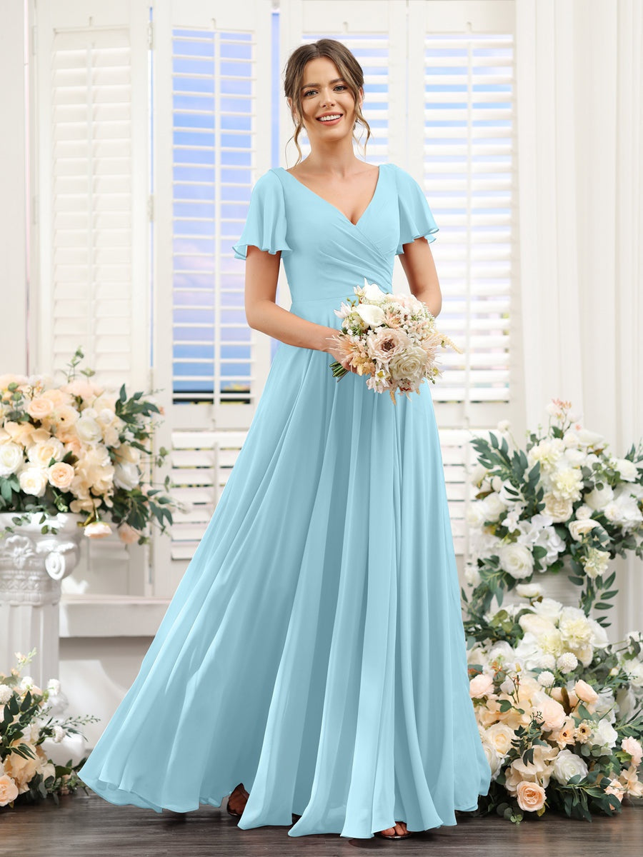 V-Neck A-Line Bridesmaid Dresses with Short Sleeves, Side Split & Ruched Princess Design