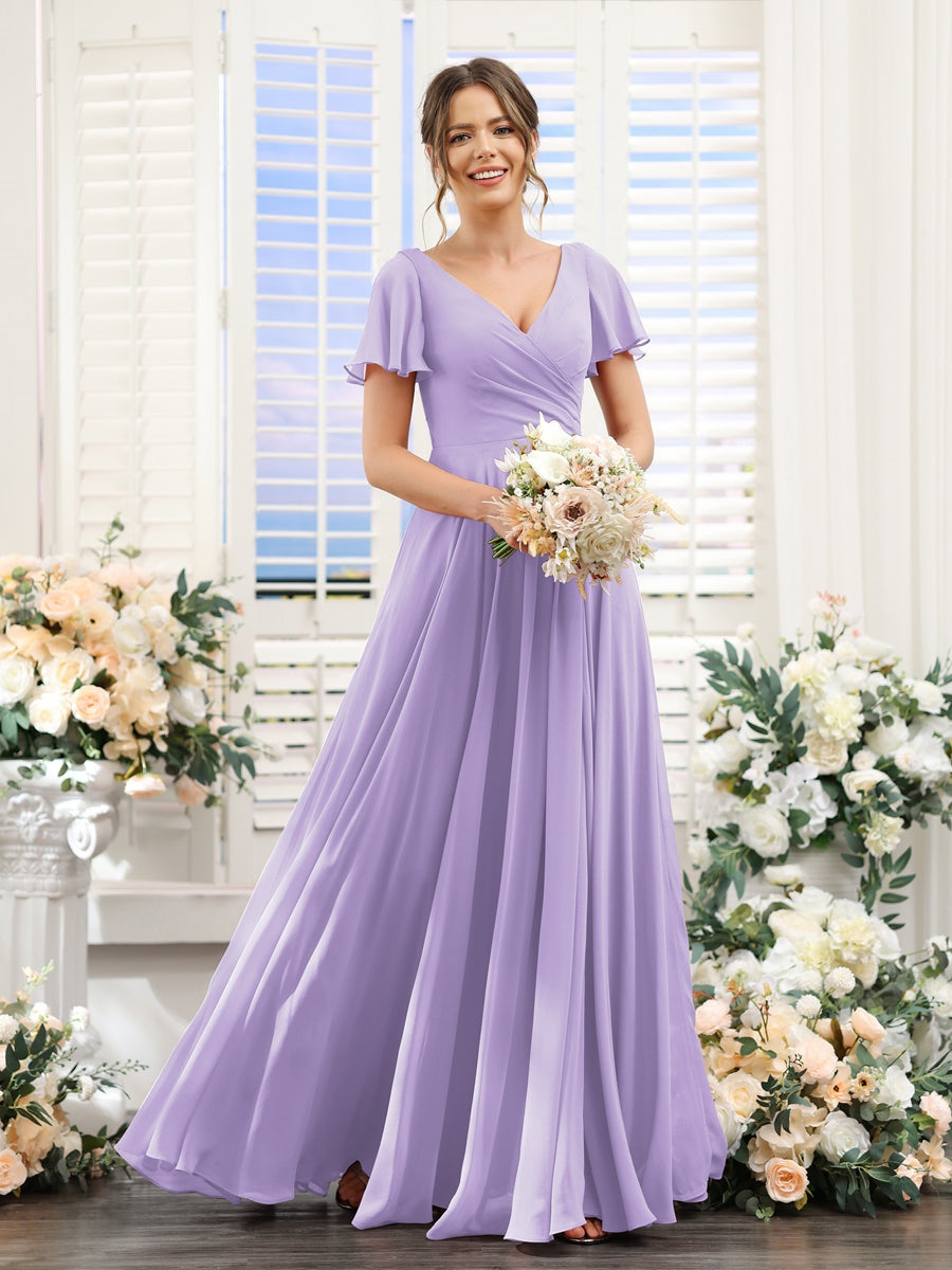 V-Neck A-Line Bridesmaid Dresses with Short Sleeves, Side Split & Ruched Princess Design