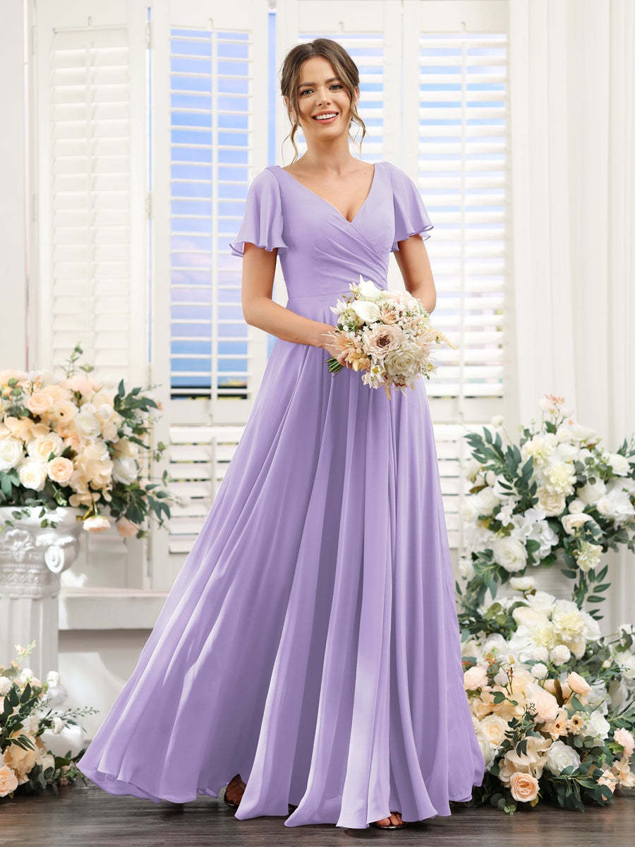 V-Neck A-Line Bridesmaid Dresses with Short Sleeves, Side Split & Ruched Princess Design