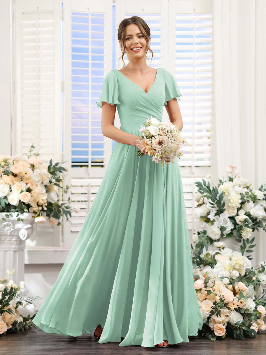 V-Neck A-Line Bridesmaid Dresses with Short Sleeves, Side Split & Ruched Princess Design