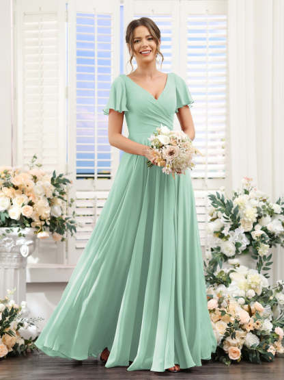 V-Neck A-Line Bridesmaid Dresses with Short Sleeves, Side Split & Ruched Princess Design