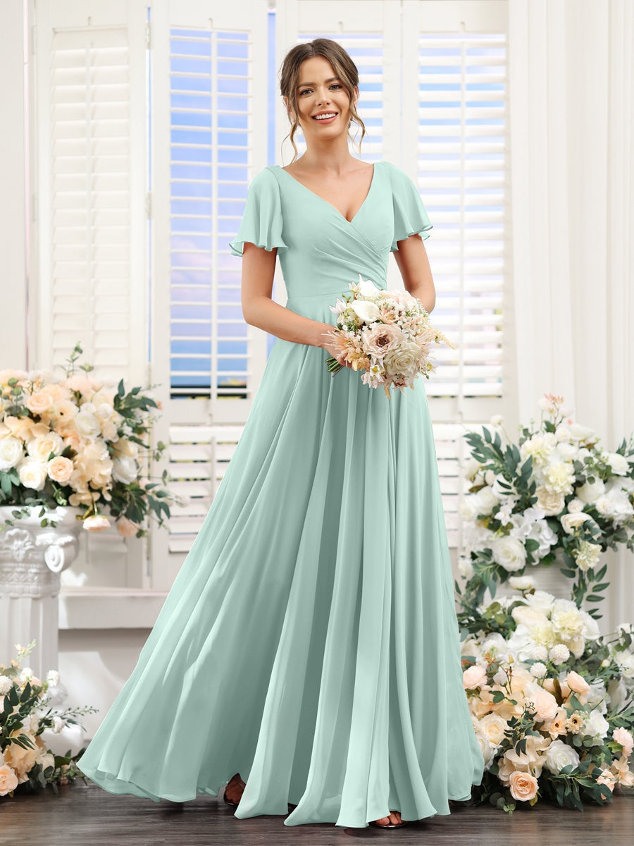 V-Neck A-Line Bridesmaid Dresses with Short Sleeves, Side Split & Ruched Princess Design