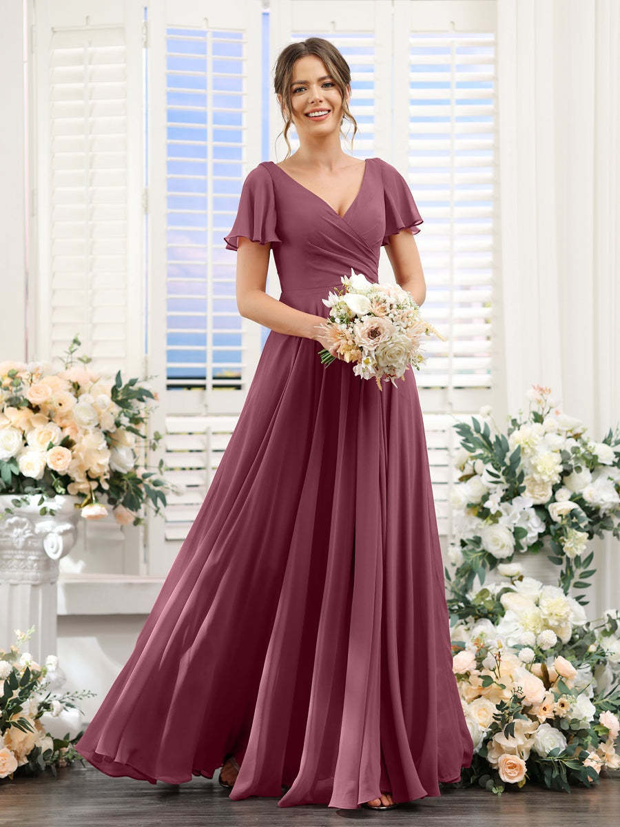 V-Neck A-Line Bridesmaid Dresses with Short Sleeves, Side Split & Ruched Princess Design
