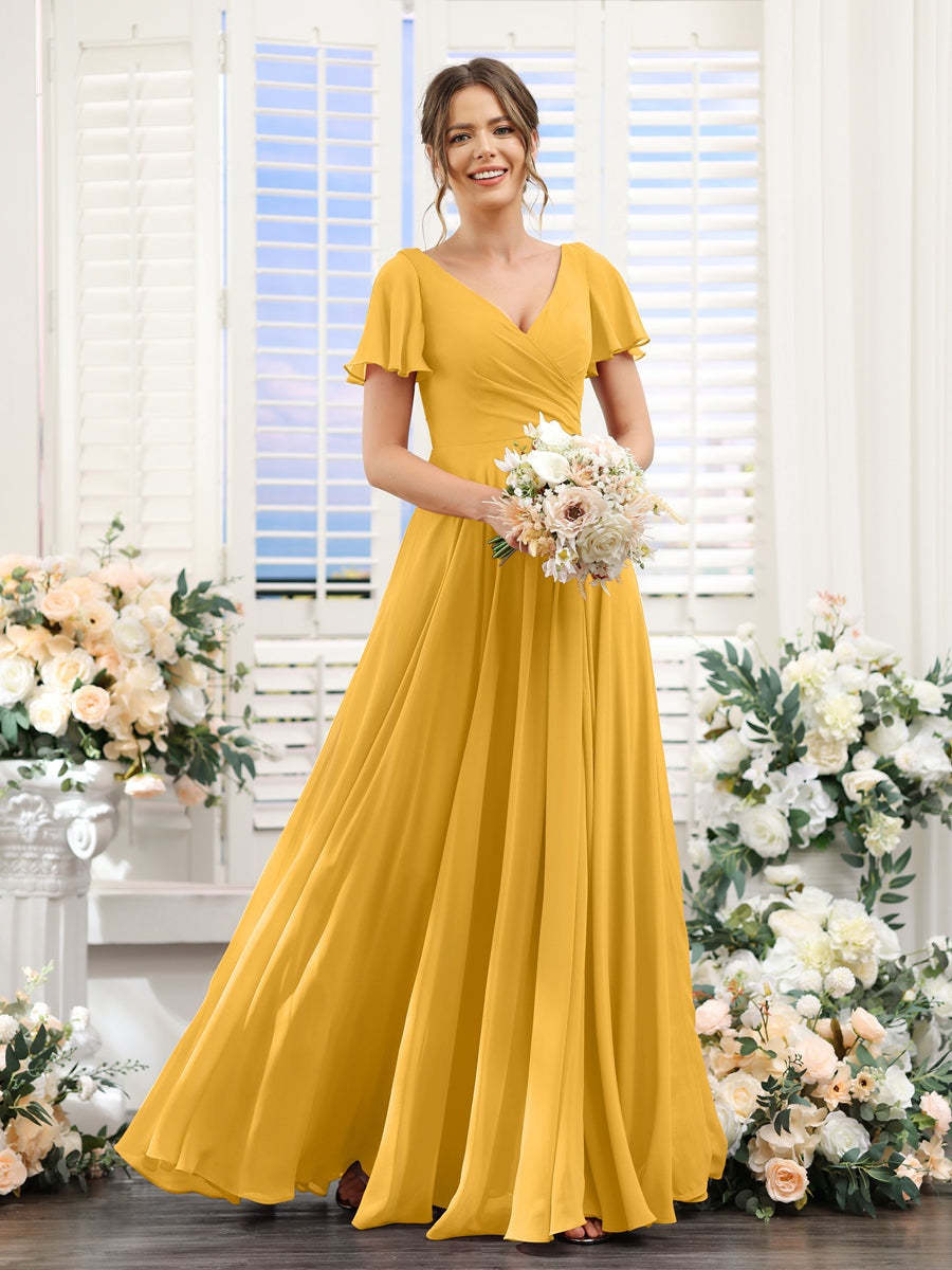 V-Neck A-Line Bridesmaid Dresses with Short Sleeves, Side Split & Ruched Princess Design
