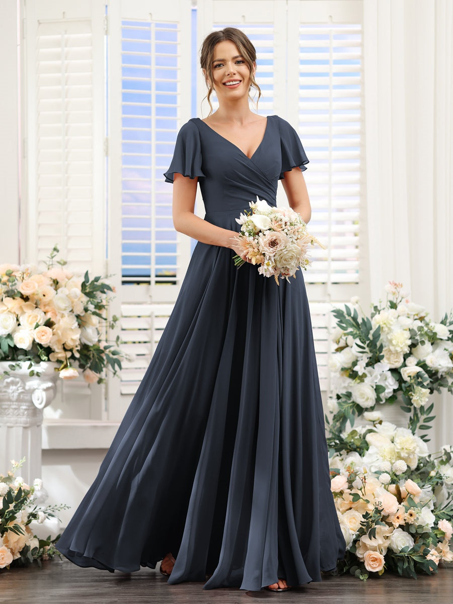 V-Neck A-Line Bridesmaid Dresses with Short Sleeves, Side Split & Ruched Princess Design