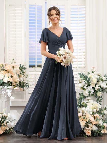 V-Neck A-Line Bridesmaid Dresses with Short Sleeves, Side Split & Ruched Princess Design