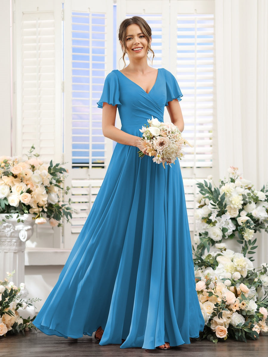 V-Neck A-Line Bridesmaid Dresses with Short Sleeves, Side Split & Ruched Princess Design