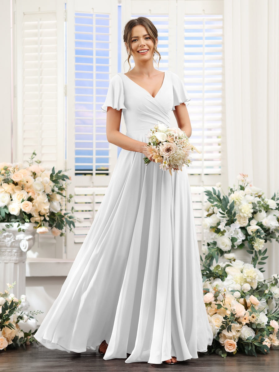 V-Neck A-Line Bridesmaid Dresses with Short Sleeves, Side Split & Ruched Princess Design