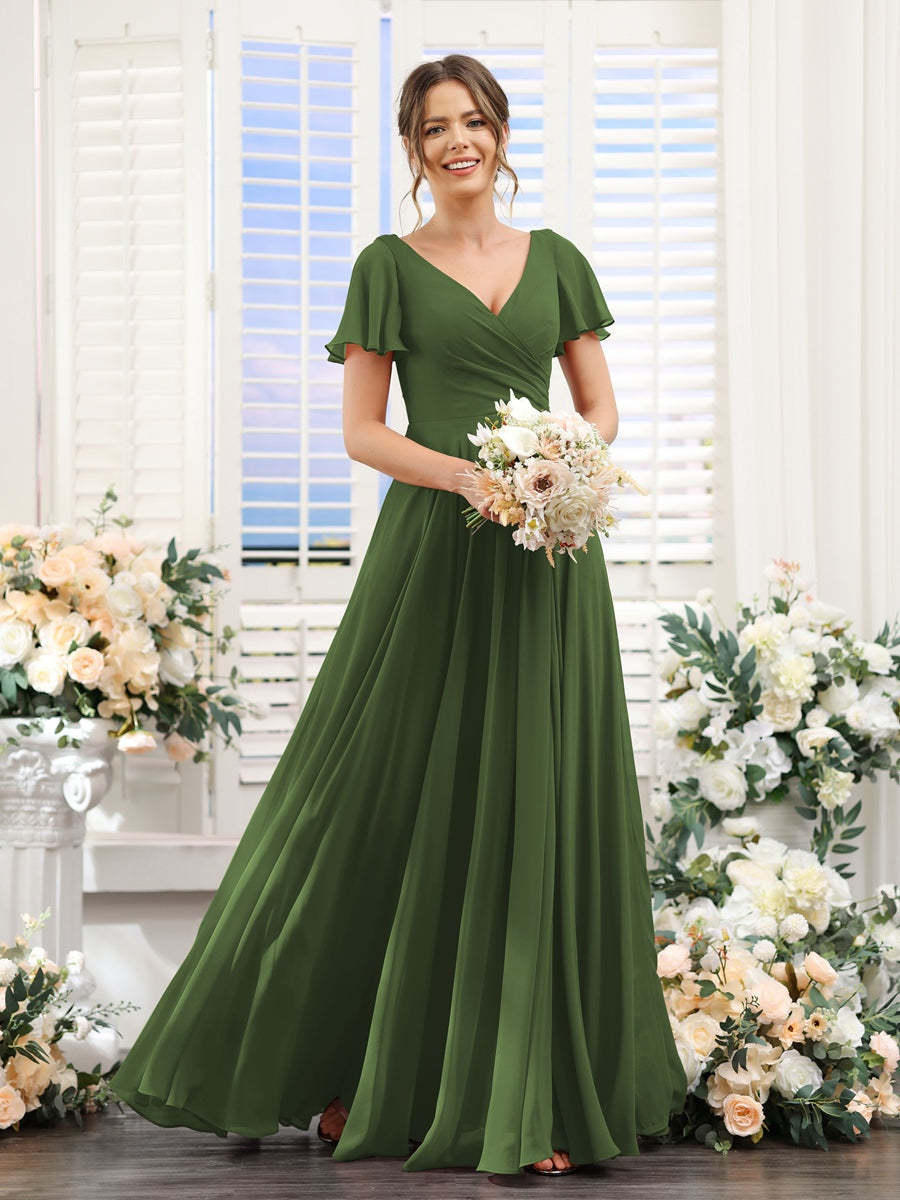 V-Neck A-Line Bridesmaid Dresses with Short Sleeves, Side Split & Ruched Princess Design