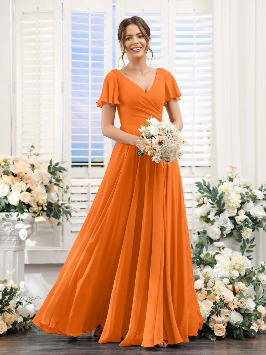 V-Neck A-Line Bridesmaid Dresses with Short Sleeves, Side Split & Ruched Princess Design