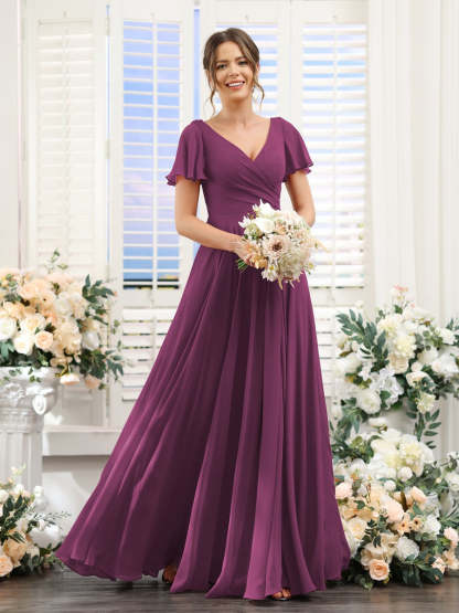 V-Neck A-Line Bridesmaid Dresses with Short Sleeves, Side Split & Ruched Princess Design