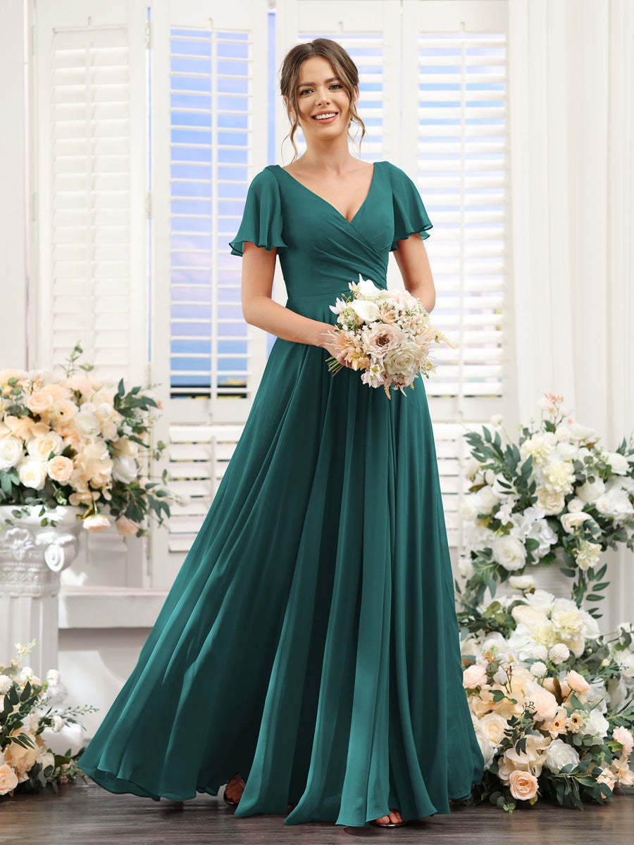 V-Neck A-Line Bridesmaid Dresses with Short Sleeves, Side Split & Ruched Princess Design