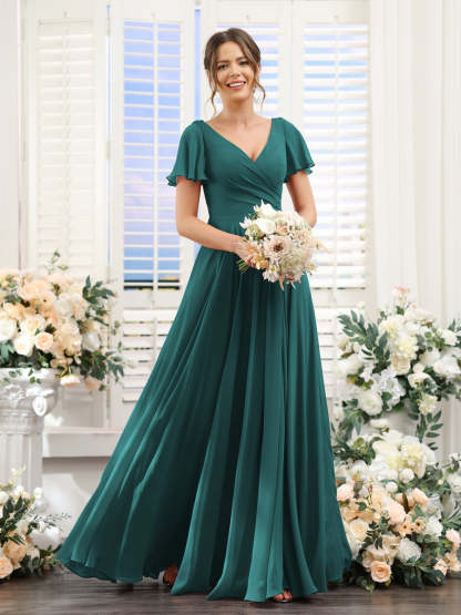 V-Neck A-Line Bridesmaid Dresses with Short Sleeves, Side Split & Ruched Princess Design