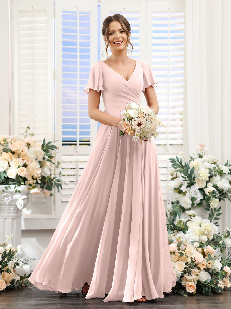 V-Neck A-Line Bridesmaid Dresses with Short Sleeves, Side Split & Ruched Princess Design