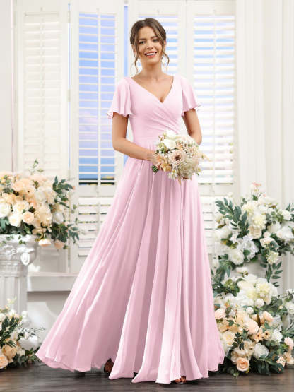 V-Neck A-Line Bridesmaid Dresses with Short Sleeves, Side Split & Ruched Princess Design