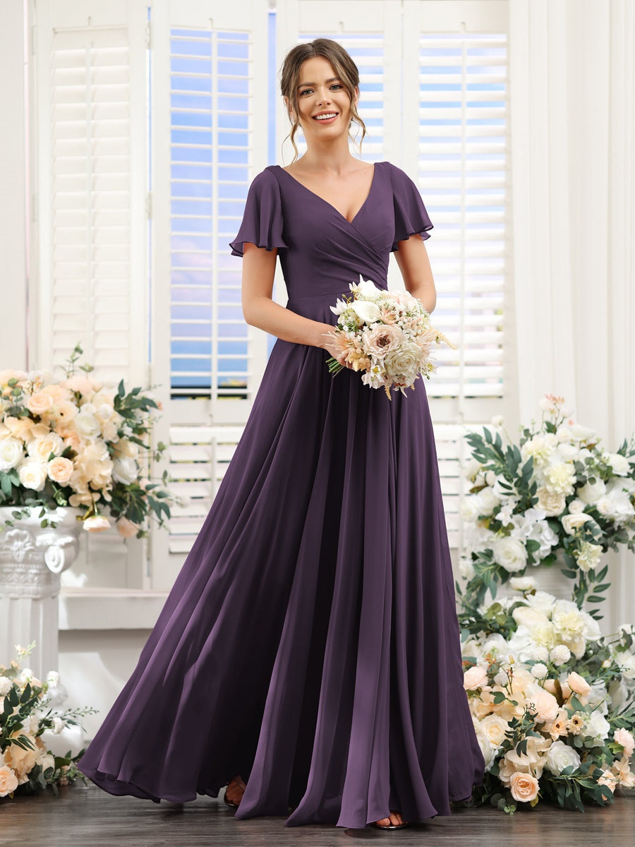 V-Neck A-Line Bridesmaid Dresses with Short Sleeves, Side Split & Ruched Princess Design