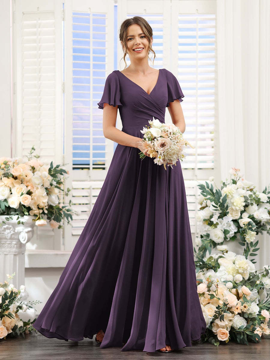 V-Neck A-Line Bridesmaid Dresses with Short Sleeves, Side Split & Ruched Princess Design