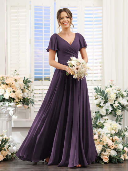 V-Neck A-Line Bridesmaid Dresses with Short Sleeves, Side Split & Ruched Princess Design