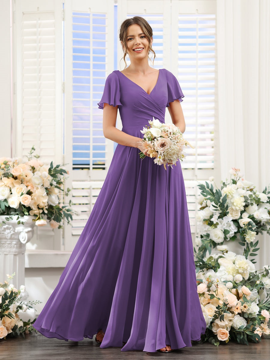 V-Neck A-Line Bridesmaid Dresses with Short Sleeves, Side Split & Ruched Princess Design