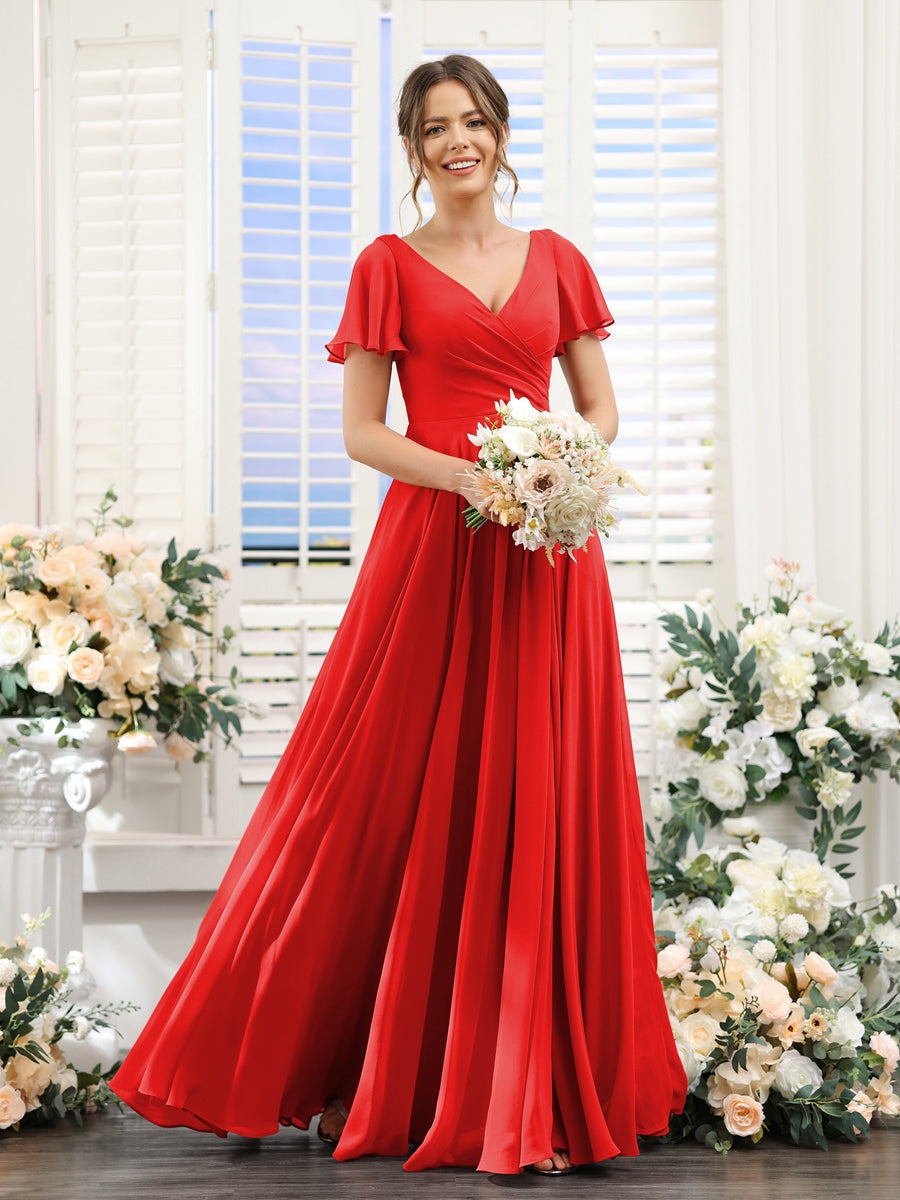 V-Neck A-Line Bridesmaid Dresses with Short Sleeves, Side Split & Ruched Princess Design