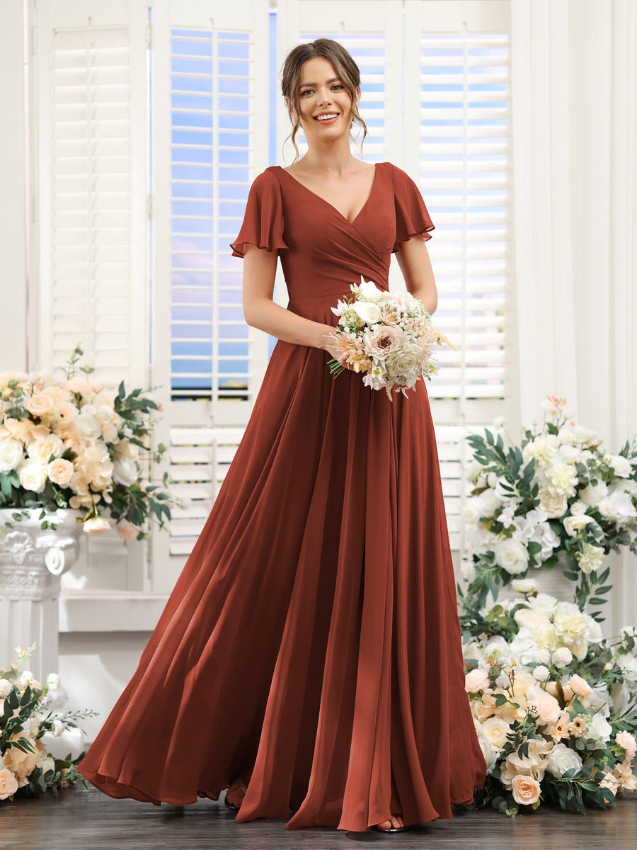 V-Neck A-Line Bridesmaid Dresses with Short Sleeves, Side Split & Ruched Princess Design