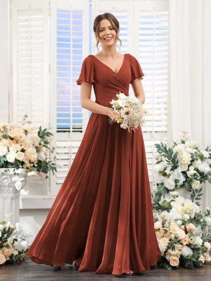 V-Neck A-Line Bridesmaid Dresses with Short Sleeves, Side Split & Ruched Princess Design