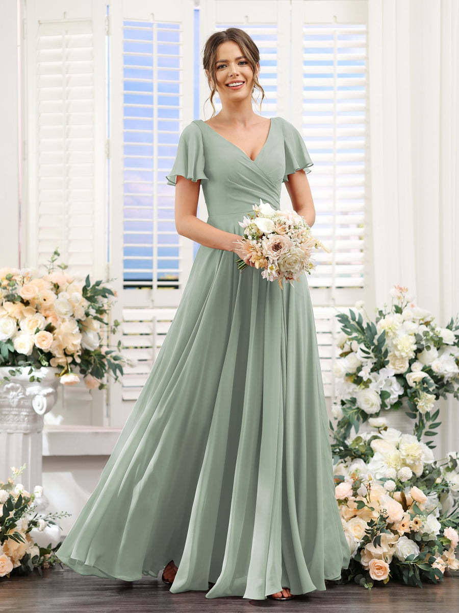 V-Neck A-Line Bridesmaid Dresses with Short Sleeves, Side Split & Ruched Princess Design