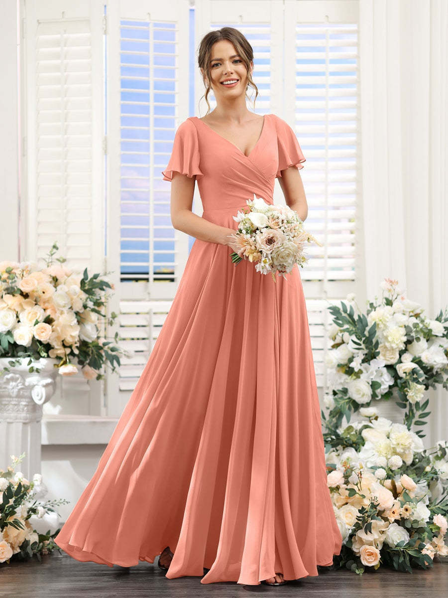 V-Neck A-Line Bridesmaid Dresses with Short Sleeves, Side Split & Ruched Princess Design