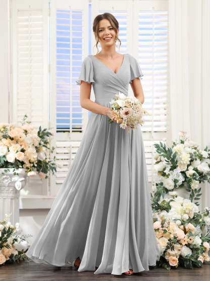 V-Neck A-Line Bridesmaid Dresses with Short Sleeves, Side Split & Ruched Princess Design