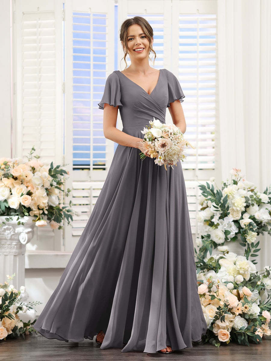 V-Neck A-Line Bridesmaid Dresses with Short Sleeves, Side Split & Ruched Princess Design
