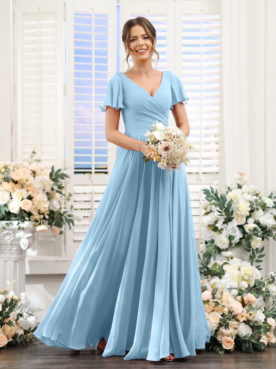 V-Neck A-Line Bridesmaid Dresses with Short Sleeves, Side Split & Ruched Princess Design