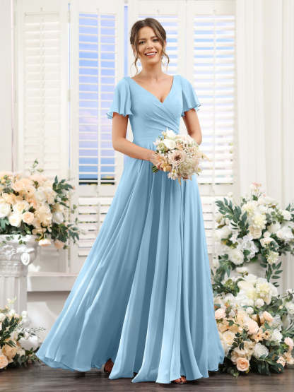 V-Neck A-Line Bridesmaid Dresses with Short Sleeves, Side Split & Ruched Princess Design