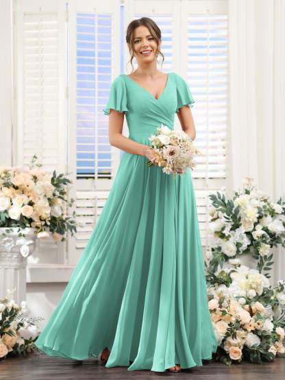 V-Neck A-Line Bridesmaid Dresses with Short Sleeves, Side Split & Ruched Princess Design
