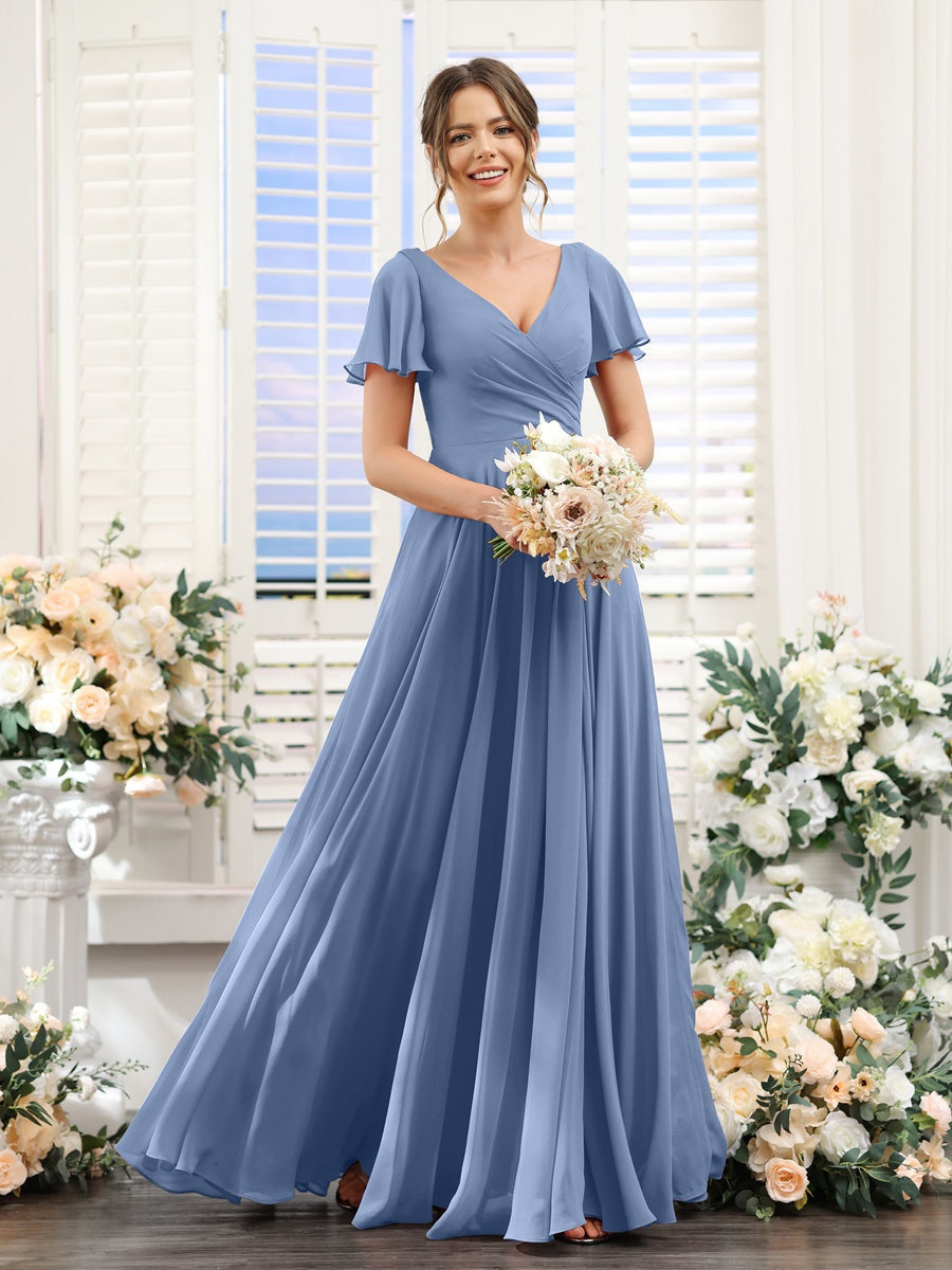 V-Neck A-Line Bridesmaid Dresses with Short Sleeves, Side Split & Ruched Princess Design