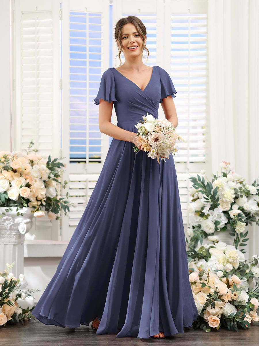 V-Neck A-Line Bridesmaid Dresses with Short Sleeves, Side Split & Ruched Princess Design