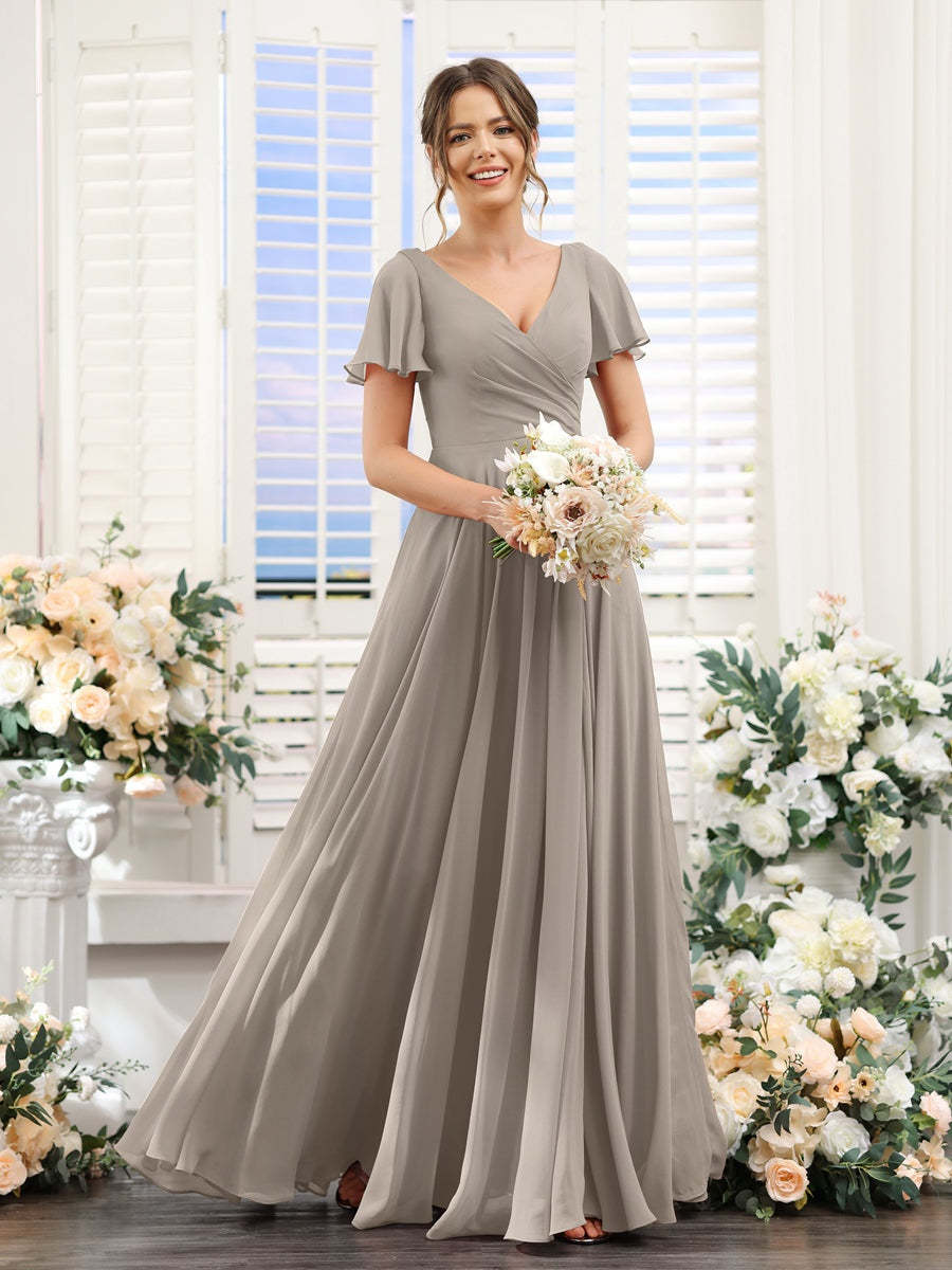 V-Neck A-Line Bridesmaid Dresses with Short Sleeves, Side Split & Ruched Princess Design