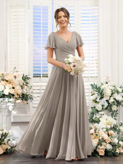V-Neck A-Line Bridesmaid Dresses with Short Sleeves, Side Split & Ruched Princess Design