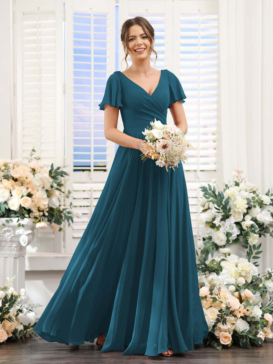 V-Neck A-Line Bridesmaid Dresses with Short Sleeves, Side Split & Ruched Princess Design