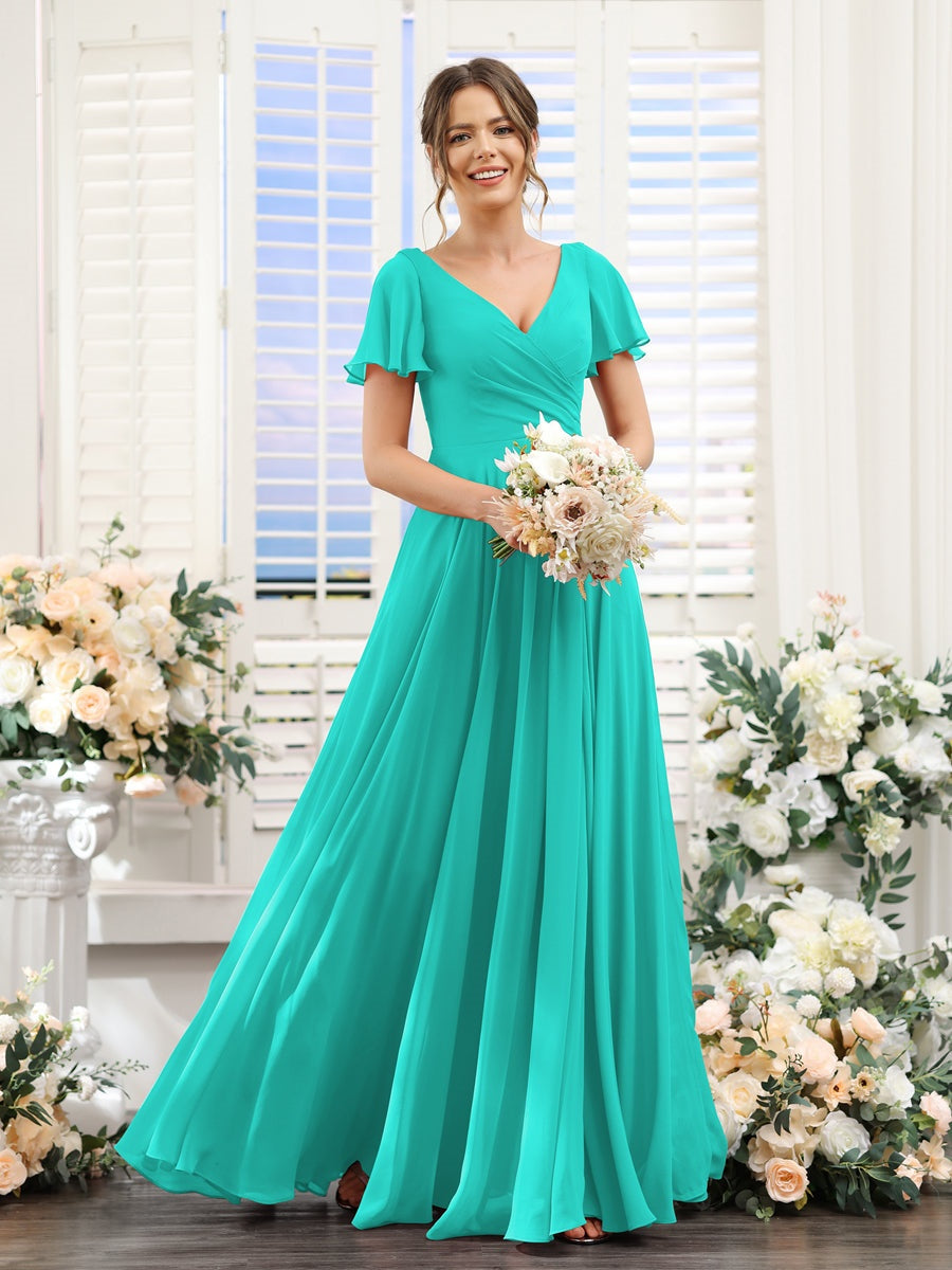 V-Neck A-Line Bridesmaid Dresses with Short Sleeves, Side Split & Ruched Princess Design