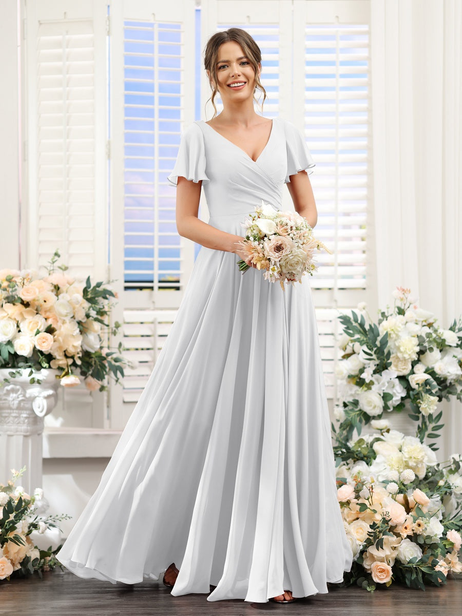 V-Neck A-Line Bridesmaid Dresses with Short Sleeves, Side Split & Ruched Princess Design