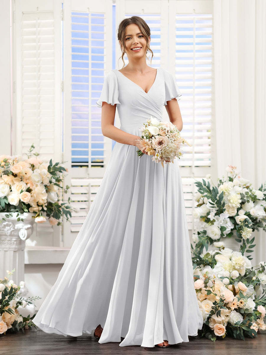 V-Neck A-Line Bridesmaid Dresses with Short Sleeves, Side Split & Ruched Princess Design