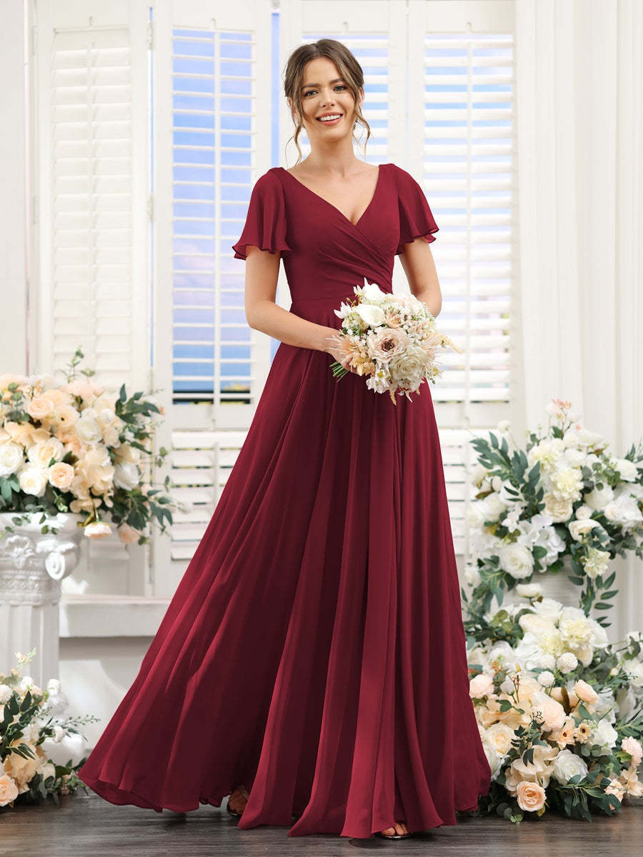 V-Neck A-Line Bridesmaid Dresses with Short Sleeves, Side Split & Ruched Princess Design