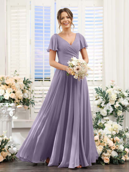V-Neck A-Line Bridesmaid Dresses with Short Sleeves, Side Split & Ruched Princess Design