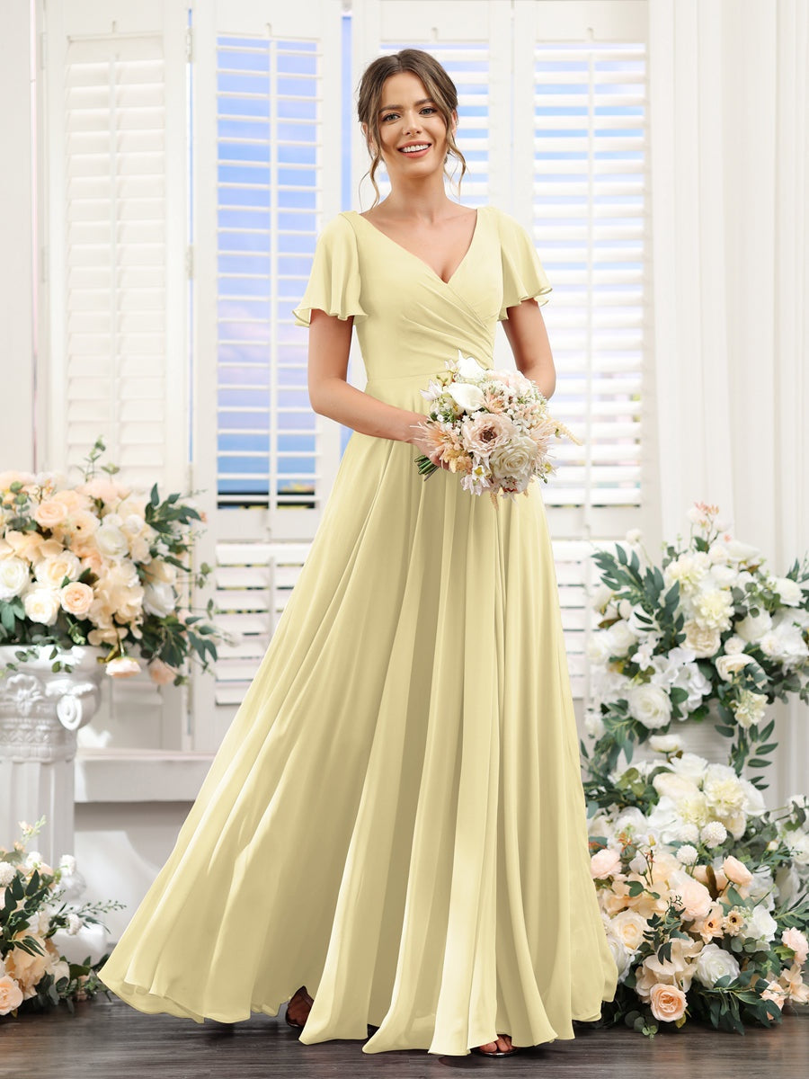 V-Neck A-Line Bridesmaid Dresses with Short Sleeves, Side Split & Ruched Princess Design