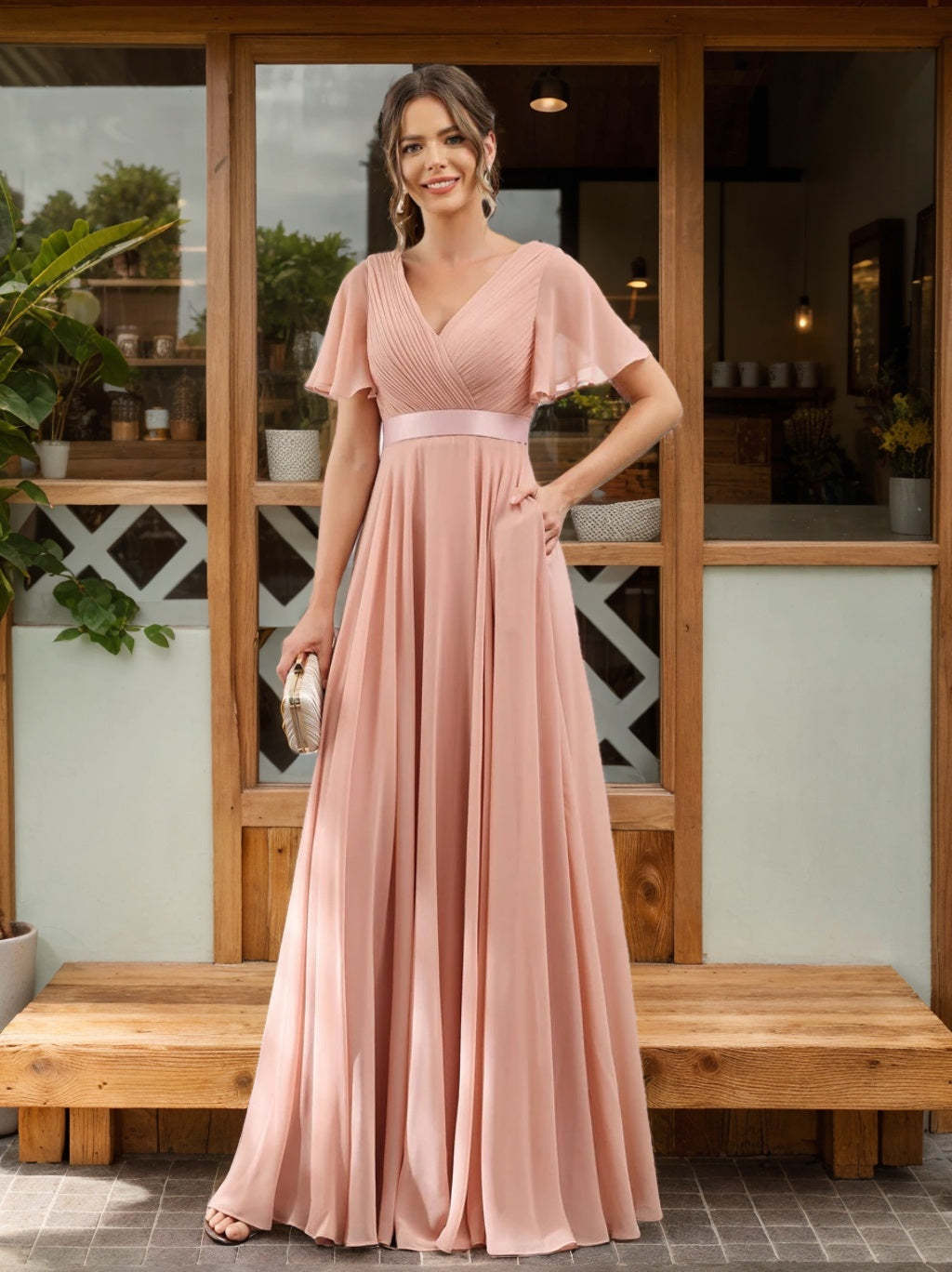V-Neck A-Line Chiffon Bridesmaid Dresses with Short Sleeves and Pockets