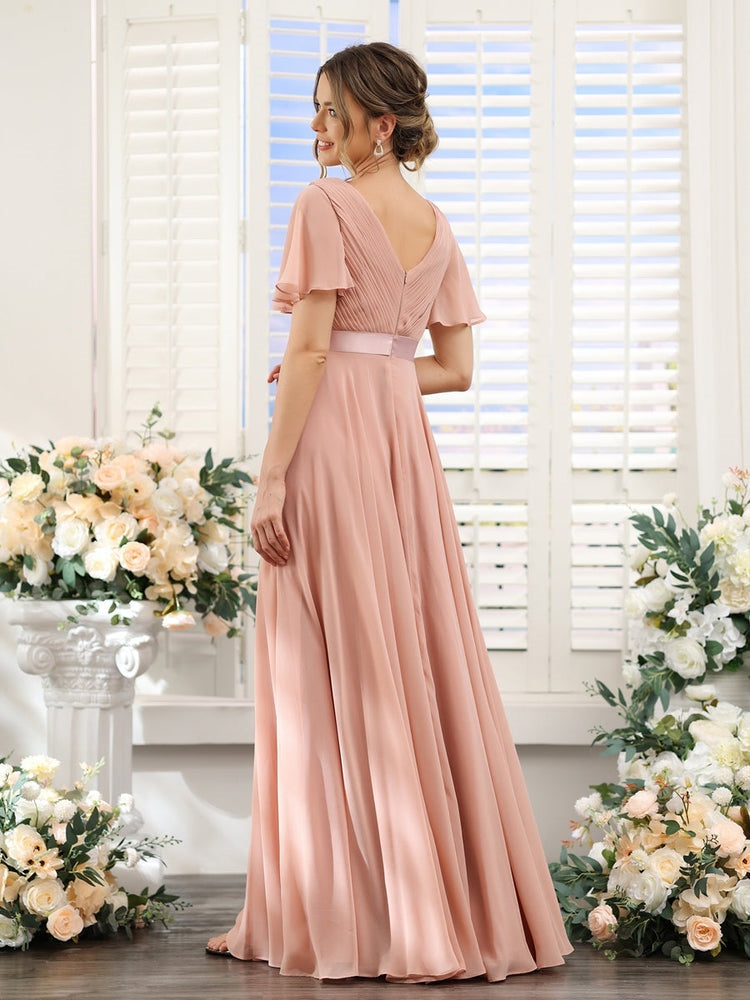 V-Neck A-Line Chiffon Bridesmaid Dresses with Short Sleeves and Pockets